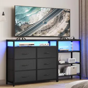 TV Stand Dresser Bedroom for 60 Inch TV with LED Lights & Charging Station, Changable L Shape Corner TV Stand, 6 PU Drawers, 3 Open Shelves Entertainment Center (Black)