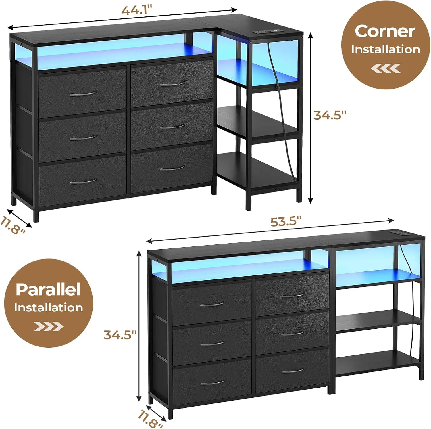 TV Stand Dresser Bedroom for 60 Inch TV with LED Lights & Charging Station, Changable L Shape Corner TV Stand, 6 PU Drawers, 3 Open Shelves Entertainment Center (Black)
