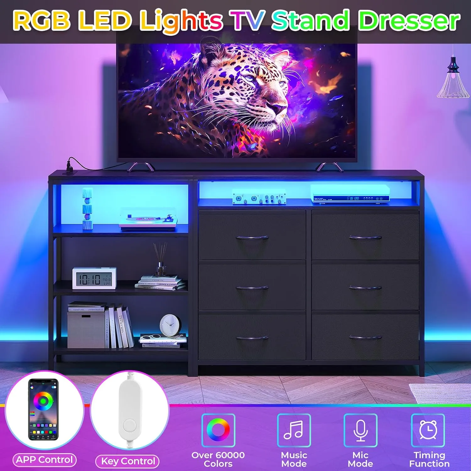 TV Stand Dresser Bedroom for 60 Inch TV with LED Lights & Charging Station, Changable L Shape Corner TV Stand, 6 PU Drawers, 3 Open Shelves Entertainment Center (Black)