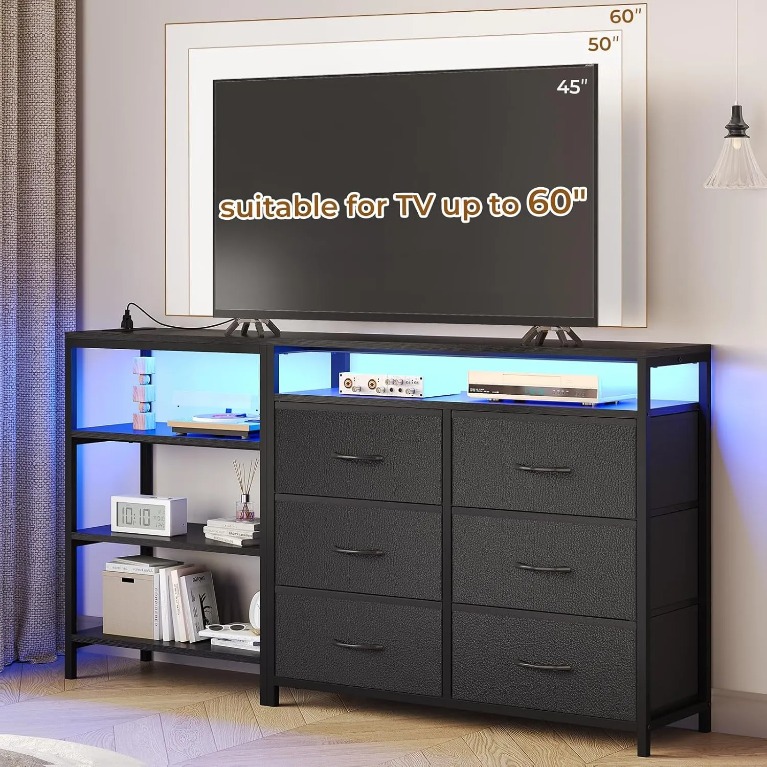 TV Stand Dresser Bedroom for 60 Inch TV with LED Lights & Charging Station, Changable L Shape Corner TV Stand, 6 PU Drawers, 3 Open Shelves Entertainment Center (Black)