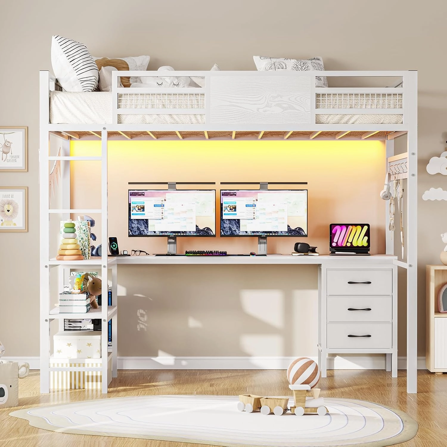 Twin Loft Bed with L-Shaped Desk, Metal Twin Size Bed Frame with LED Lights & Charging Sation, 3 Fabric Drawers, 2-Tier Storage Shelves, Safety Guard & Ladder, No Box Spring Needed