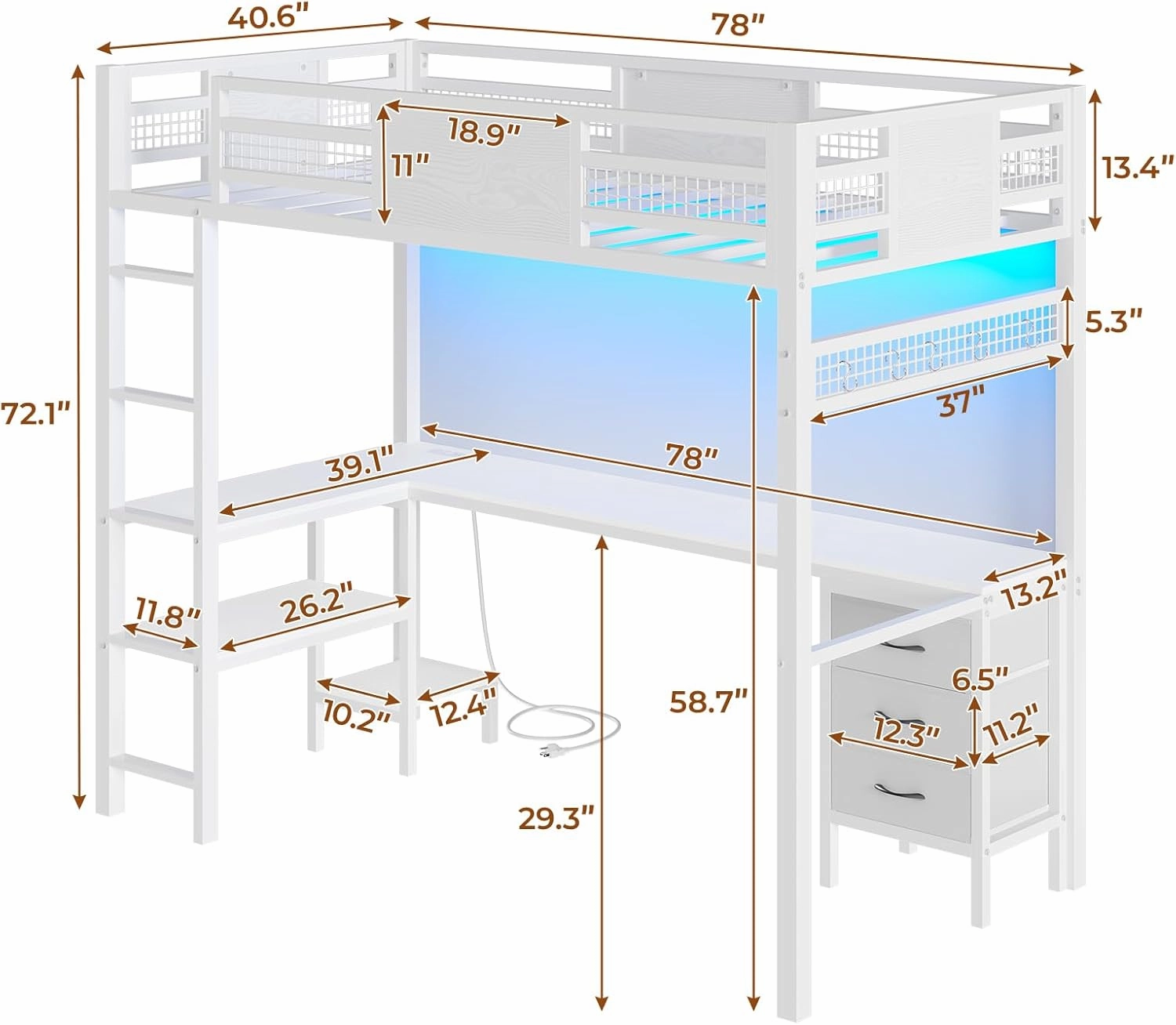 Twin Loft Bed with L-Shaped Desk, Metal Twin Size Bed Frame with LED Lights & Charging Sation, 3 Fabric Drawers, 2-Tier Storage Shelves, Safety Guard & Ladder, No Box Spring Needed