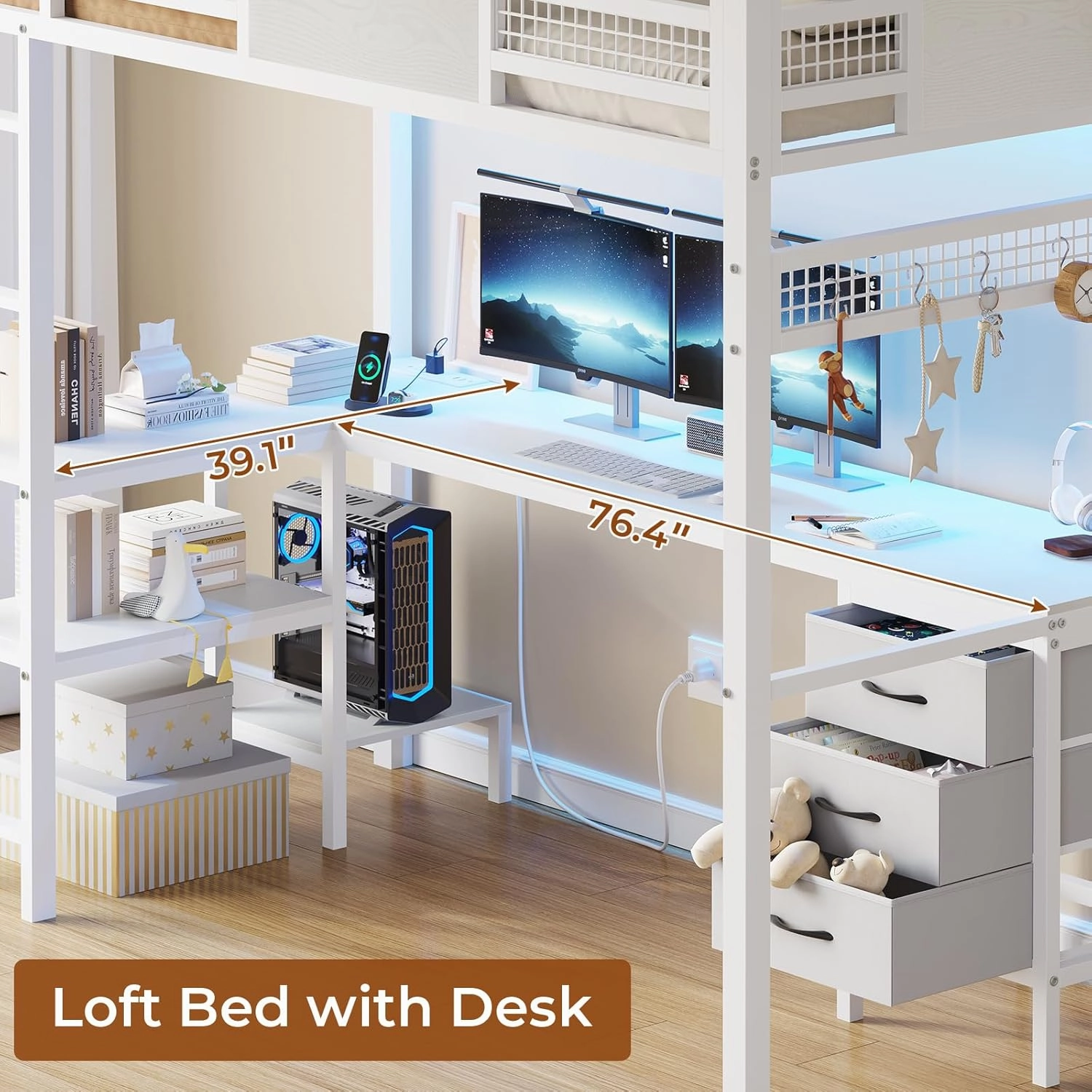 Twin Loft Bed with L-Shaped Desk, Metal Twin Size Bed Frame with LED Lights & Charging Sation, 3 Fabric Drawers, 2-Tier Storage Shelves, Safety Guard & Ladder, No Box Spring Needed