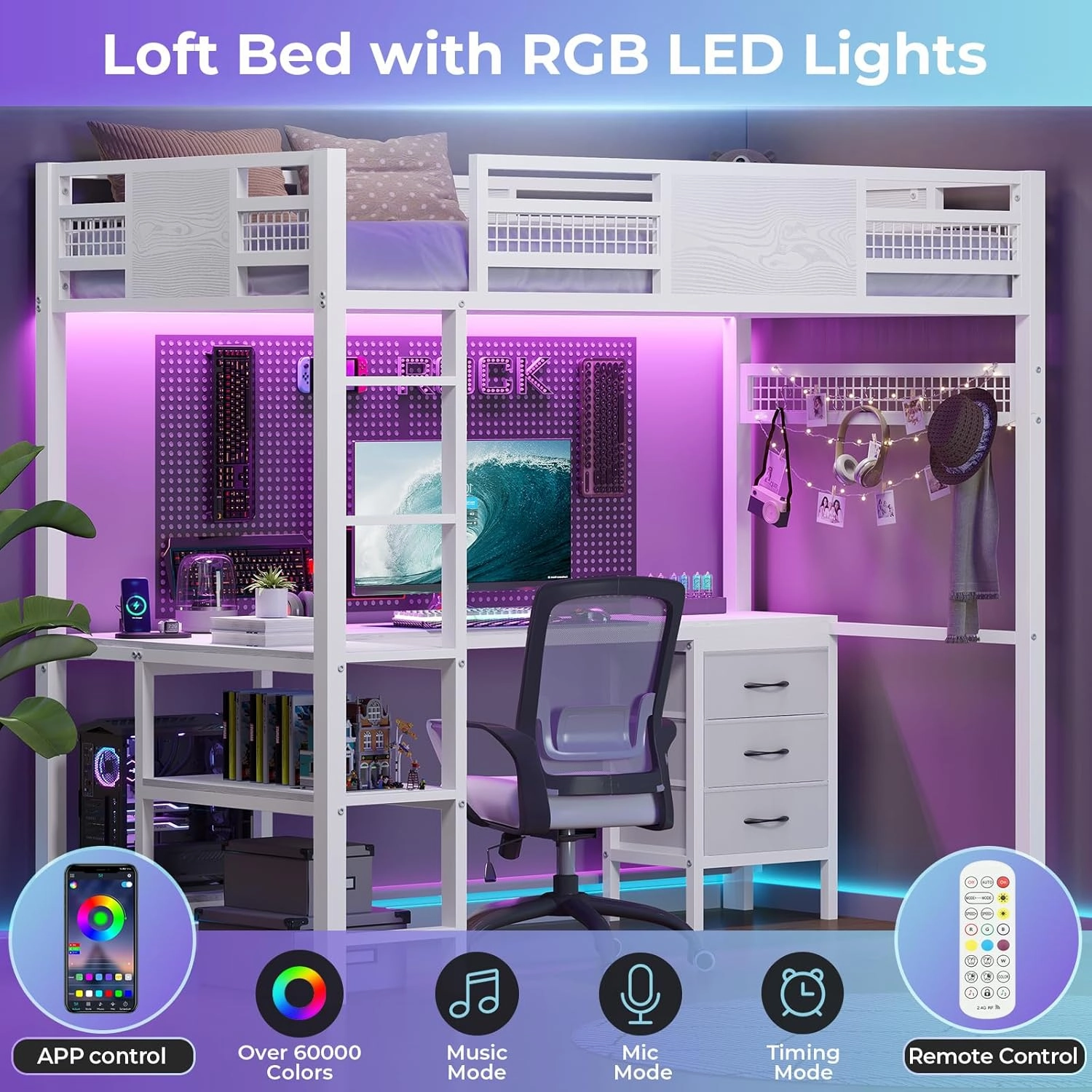 Twin Loft Bed with L-Shaped Desk, Metal Twin Size Bed Frame with LED Lights & Charging Sation, 3 Fabric Drawers, 2-Tier Storage Shelves, Safety Guard & Ladder, No Box Spring Needed