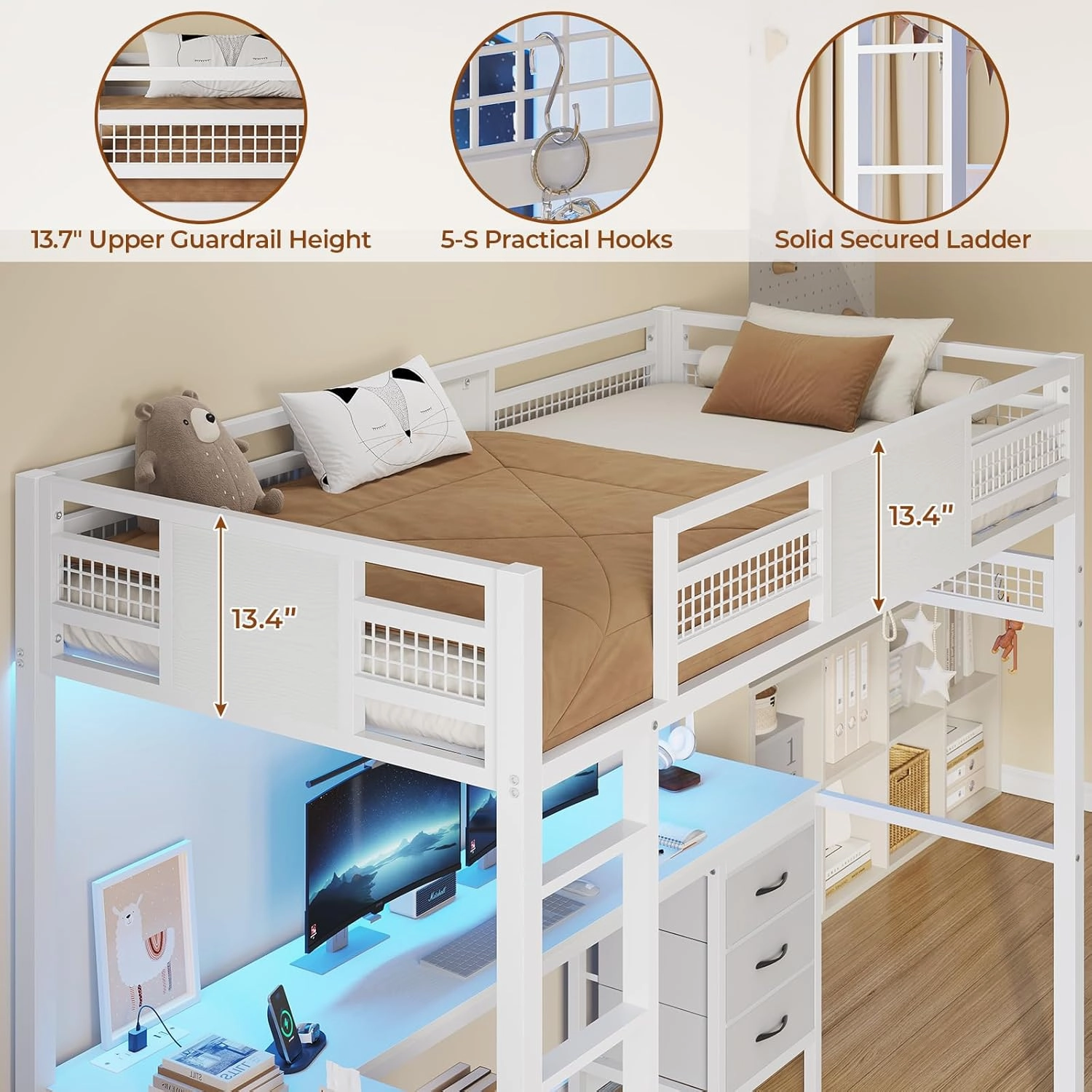 Twin Loft Bed with L-Shaped Desk, Metal Twin Size Bed Frame with LED Lights & Charging Sation, 3 Fabric Drawers, 2-Tier Storage Shelves, Safety Guard & Ladder, No Box Spring Needed