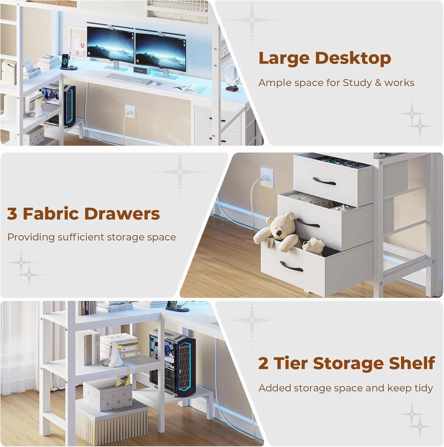 Twin Loft Bed with L-Shaped Desk, Metal Twin Size Bed Frame with LED Lights & Charging Sation, 3 Fabric Drawers, 2-Tier Storage Shelves, Safety Guard & Ladder, No Box Spring Needed