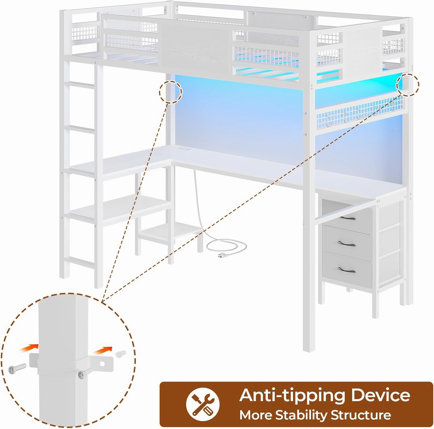 Twin Loft Bed with L-Shaped Desk, Metal Twin Size Bed Frame with LED Lights & Charging Sation, 3 Fabric Drawers, 2-Tier Storage Shelves, Safety Guard & Ladder, No Box Spring Needed