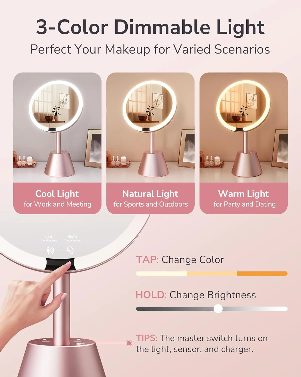 ULG Lighted Makeup Mirror with 2AC   3USB Charging Station and 10X Magnification 3 Light Colors Smooth Dimming 1500lux Bright Soft Light Automatic ON/Off Sensor Adjustable Height and Angle, Rose Gold