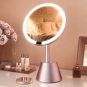 ULG Lighted Makeup Mirror with 2AC   3USB Charging Station and 10X Magnification 3 Light Colors Smooth Dimming 1500lux Bright Soft Light Automatic ON/Off Sensor Adjustable Height and Angle, Rose Gold