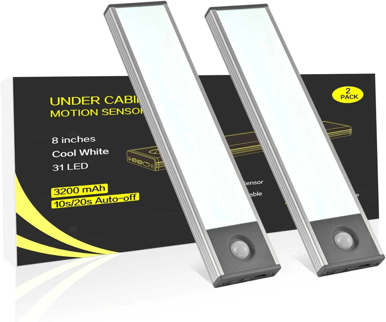 Under Cabinet Lighting, 8 inch 3200 mAh Rechargeable Battery Operated Closet Lights, Magnetic Motion Sensor Light Indoor, Under Counter Lights for Kitchen Stair(Cool White, 2 Pack)