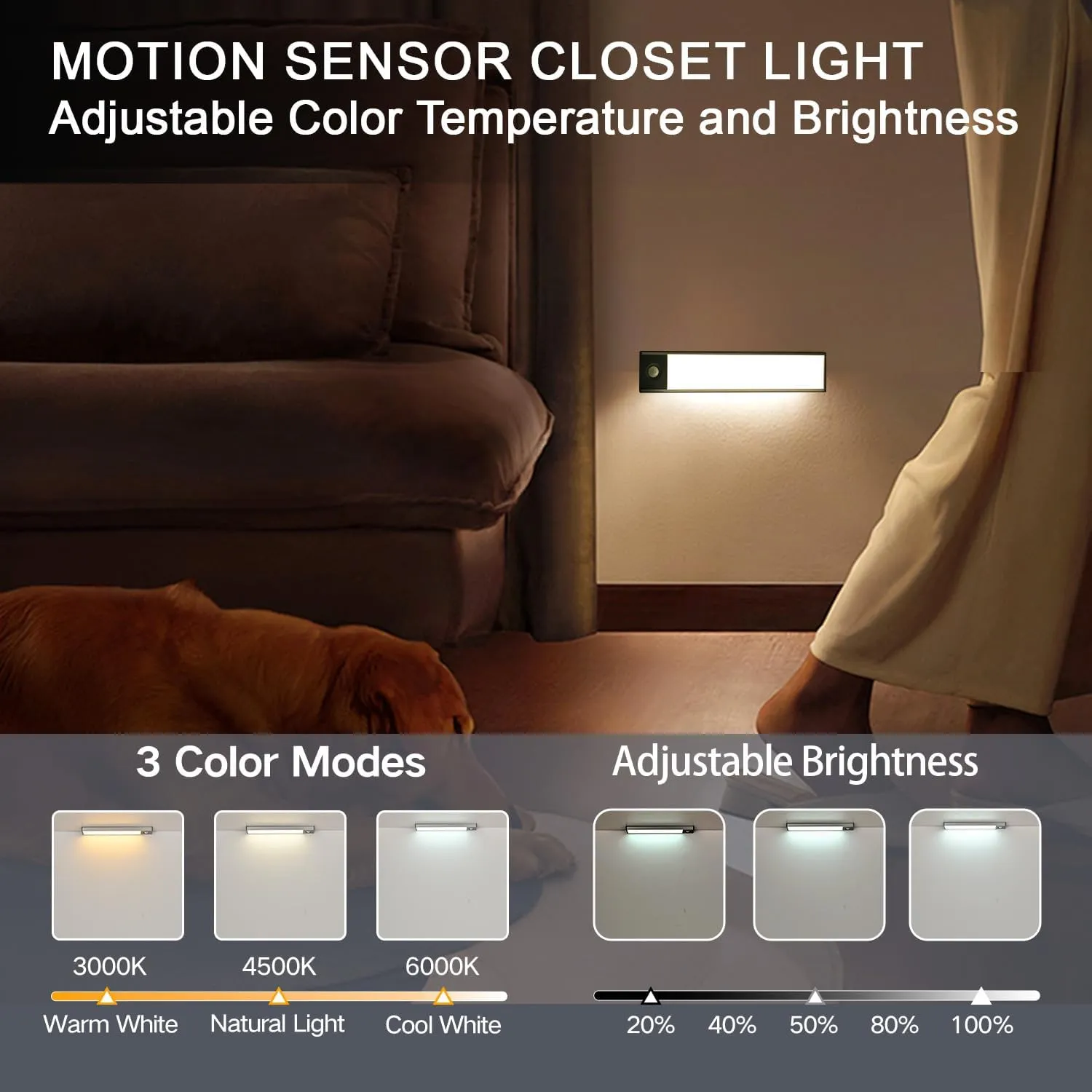Under Cabinet Lighting, 8 inch 3200 mAh Rechargeable Battery Operated Closet Lights, Magnetic Motion Sensor Light Indoor, Under Counter Lights for Kitchen Stair(Cool White, 2 Pack)