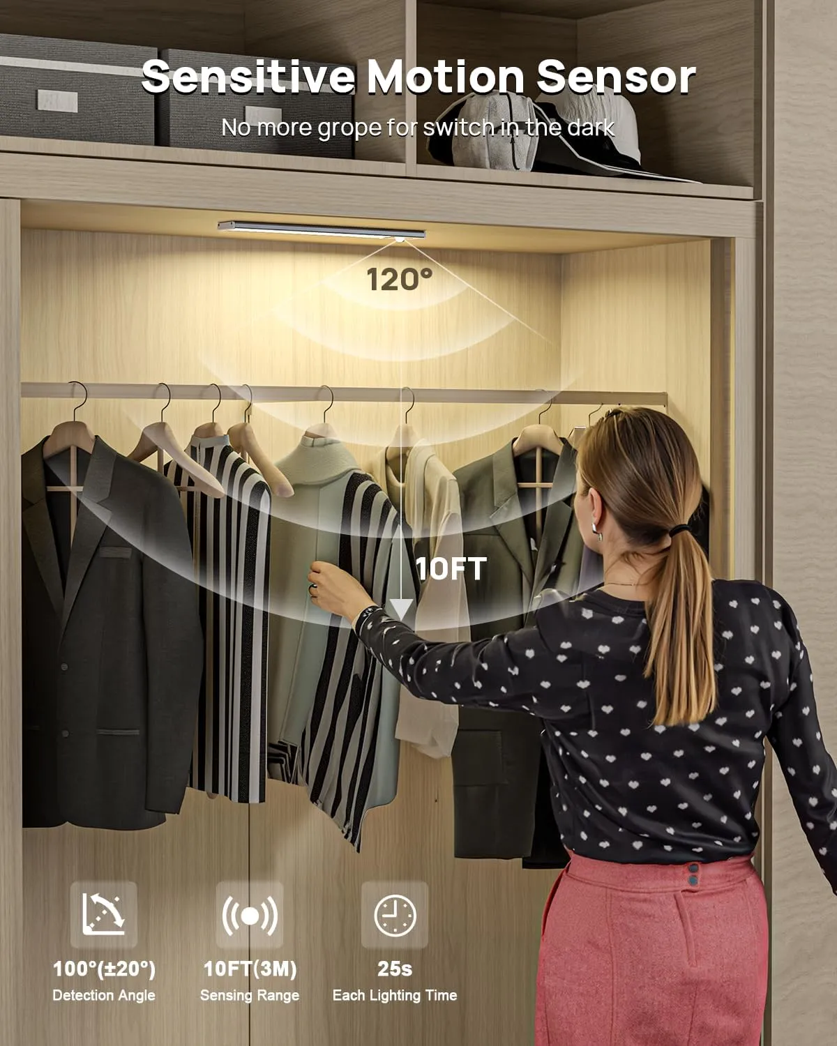 Under Cabinet Lights Wireless,11.9" Motion Sensor Light Indoor with Remote Control,2500mAh LED Rechargeable Battery Operated Closet Light,3 Color Temps,Under Counter Lights for Kitchen,Stairs,Wardrobe