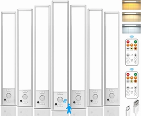 Under Cabinet Lighting with Remote Control, USB Rechargeable LED Motion Sensor Light Indoor, Magnetic Wireless Under Counter Light,3 Color Dimmable Closet Lights for Kitchen, Wardrobe, Hallway, 7 Pack