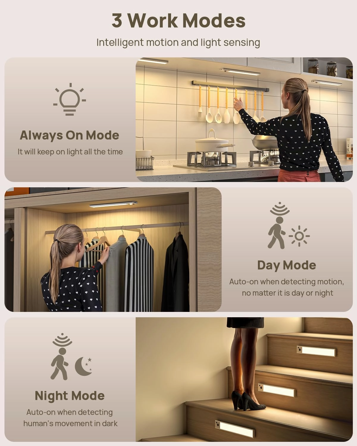 Under Cabinet Lighting with Remote Control, USB Rechargeable LED Motion Sensor Light Indoor, Magnetic Wireless Under Counter Light,3 Color Dimmable Closet Lights for Kitchen, Wardrobe, Hallway, 7 Pack