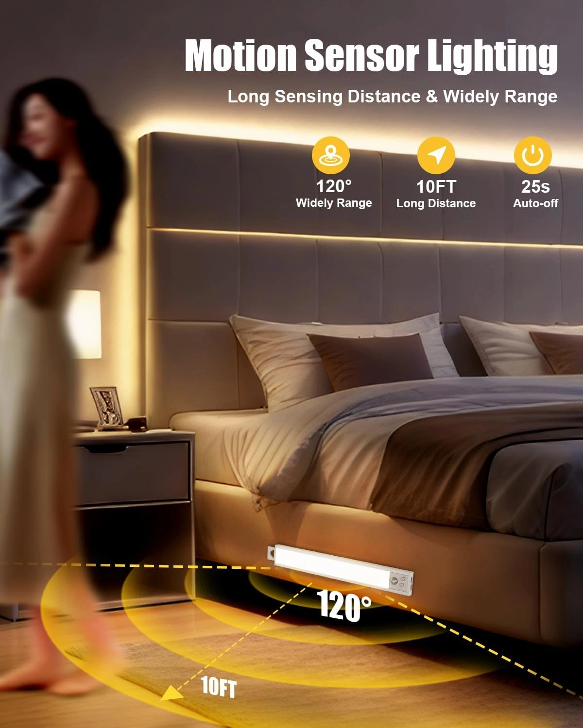 Under Cabinet Lights, 24'' LED Motion Sensor 5CCT Dimmable Lighting, 2500mAh Rechargeable Closet Light Battery Operated Under Counter Light for Kitchen Bedroom Stairs, White with Magnetic, 2Pack