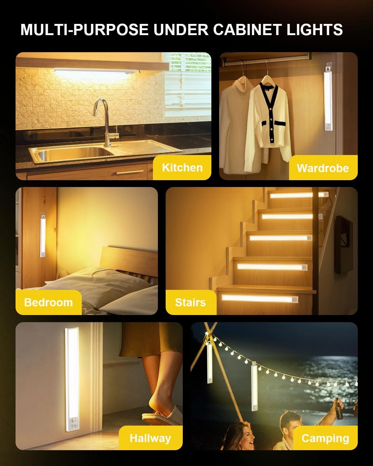 Under Cabinet Lights, 24'' LED Motion Sensor 5CCT Dimmable Lighting, 2500mAh Rechargeable Closet Light Battery Operated Under Counter Light for Kitchen Bedroom Stairs, White with Magnetic, 2Pack