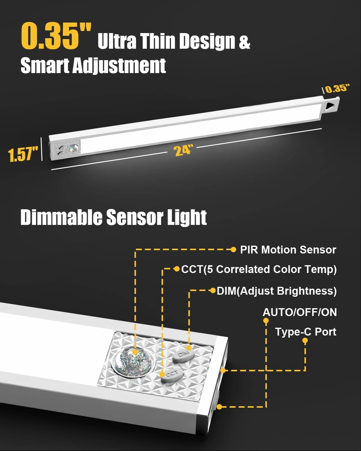 Under Cabinet Lights, 24'' LED Motion Sensor 5CCT Dimmable Lighting, 2500mAh Rechargeable Closet Light Battery Operated Under Counter Light for Kitchen Bedroom Stairs, White with Magnetic, 2Pack