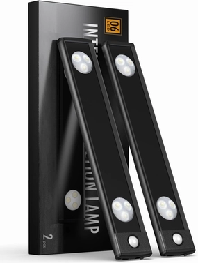 Under Cabinet Lights, Wireless Motion Sensor Light Indoor, Black 10in LED White Lighting Rechargeable Battery Operated,4 Modes Night Light, Stick-On Magnetic Closet Lights for Kitchen, Hallway(2 Pack)