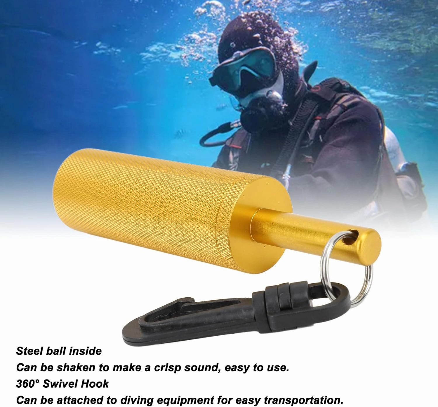 Underwater Shaker, Scuba Diving Noise Maker with Clip Aluminum Anti Slip Texture Steel Balls Included with 360° Swivel Hook Signal Bell Diving Stick for Scuba Diving