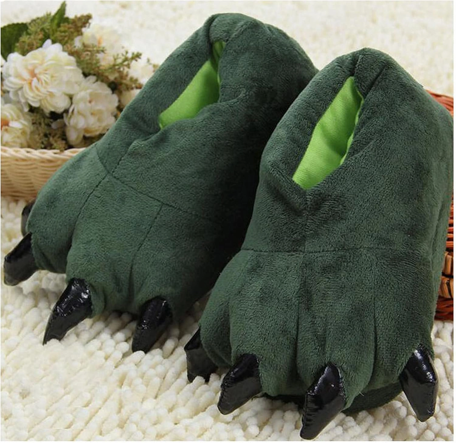 Unisex Plush Animal Paw Slippers - Fuzzy Warm House Shoes with Dinosaur Paw & Claw Design