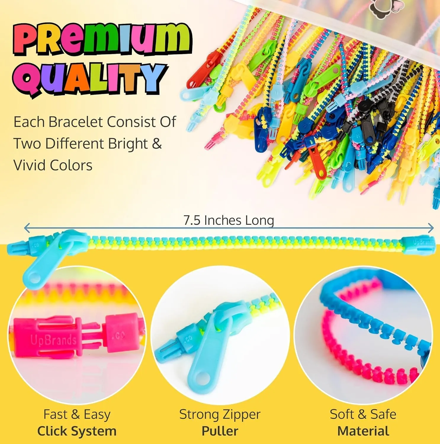 UpBrands 60 Party Favors for Kids, Friendship Zipper Bracelets 7 1/2” Sensory Bulk Set, Fidget Toys, Kit for Valentines, Birthday, Goodie Bags, Pinata Filler, Easter Egg Hunt Toys, Classroom Rewards