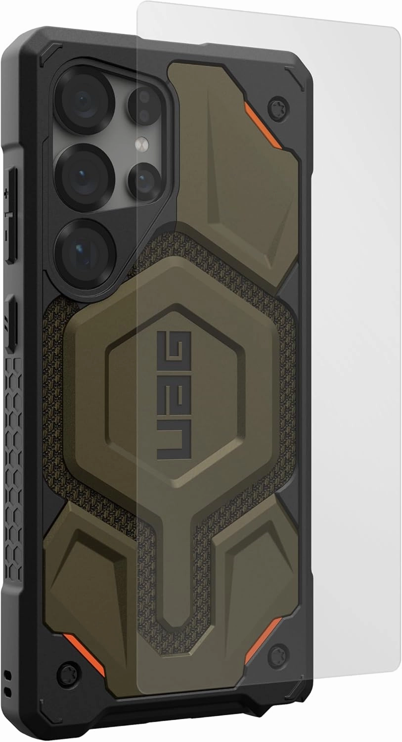 URBAN ARMOR GEAR UAG Designed for Samsung Galaxy S25 Ultra Case Monarch Pro, Compatible with Magnetic Charging Bundle with Glass Shield Screen Protector (Kevlar Element Green   Clear)