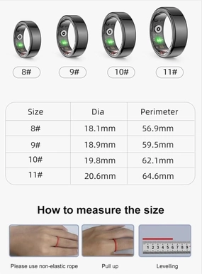 USA Electric Smart Rings for Men, Fitness Trackers for Women - Sleep Tracking Wearable - Heart Rate - Health Ring - IP68 Waterproof, Compatible with Android & iOS（Black (Size 8)