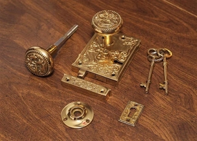 VAN DYKE'S RESTORERS Vintage Solid Brass Ornate Rim Lock Set, Bright Brass