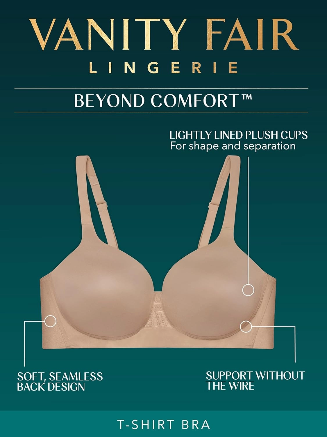 Vanity Fair Women’s Beyond Comfort Full Figure Wireless Bra, Seamless Back, Lightly Lined Cups up to DD
