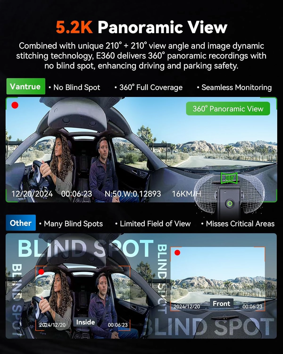 Vantrue E360 5.2K 360° Panoramic Dash Cam, 5GHz WiFi&GPS, Dual STARVIS 2, HDR,8 IR Night Vision, Front and Inside Dash Camera, LTE Support, Touchscreen, 24/7 Buffered Parking Mode, Support 512GB Max
