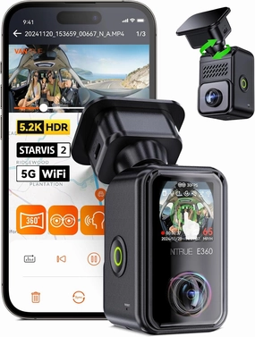 Vantrue E360 5.2K 360° Panoramic Dash Cam, 5GHz WiFi&GPS, Dual STARVIS 2, HDR,8 IR Night Vision, Front and Inside Dash Camera, LTE Support, Touchscreen, 24/7 Buffered Parking Mode, Support 512GB Max