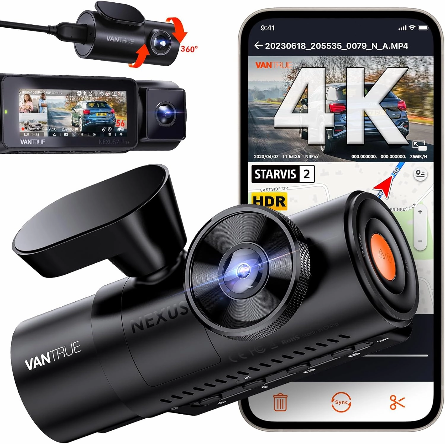 Vantrue N4 Pro 4K 3 Channel Dash Cam, STARVIS 2 IMX678 x PlatePix™ x HDR Night Vision, 4K 1080P 1080P Front Inside and Rear Dash Camera, Voice Control, WiFi, GPS, 24H Parking Mode, Support 512GB Max