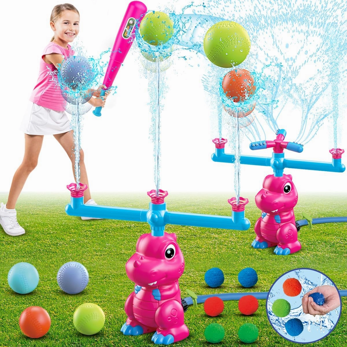 VATOS Water Sprinkler Baseball Outdoor Toy for Kids, 4 in 1 Dinosaur 360° Spin Sprinkler Water Tee-Ball & Ball, Summer Fun Play Games Outside Backyard Yard Garden Lawn for Toddlers Boys Girls