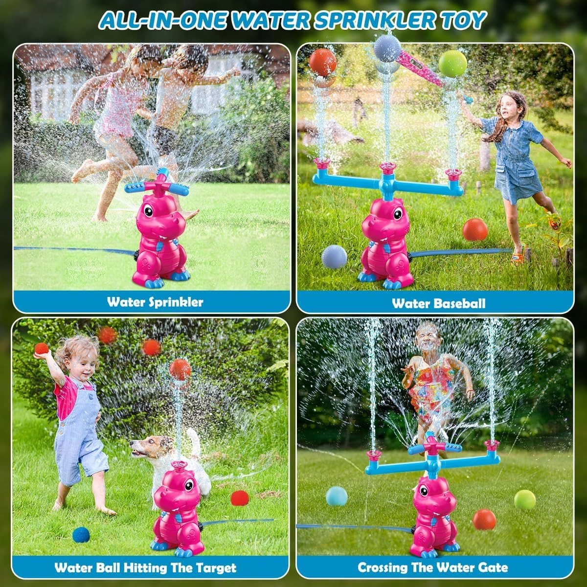 VATOS Water Sprinkler Baseball Outdoor Toy for Kids, 4 in 1 Dinosaur 360° Spin Sprinkler Water Tee-Ball & Ball, Summer Fun Play Games Outside Backyard Yard Garden Lawn for Toddlers Boys Girls