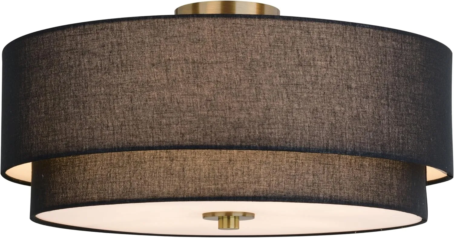 VAXCEL Burnaby 20.5-in W Gold Brass Mid-Century Modern Semi Flush Mount Ceiling Light Black Linen Drum Shade