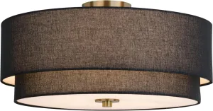 VAXCEL Burnaby 20.5-in W Gold Brass Mid-Century Modern Semi Flush Mount Ceiling Light Black Linen Drum Shade
