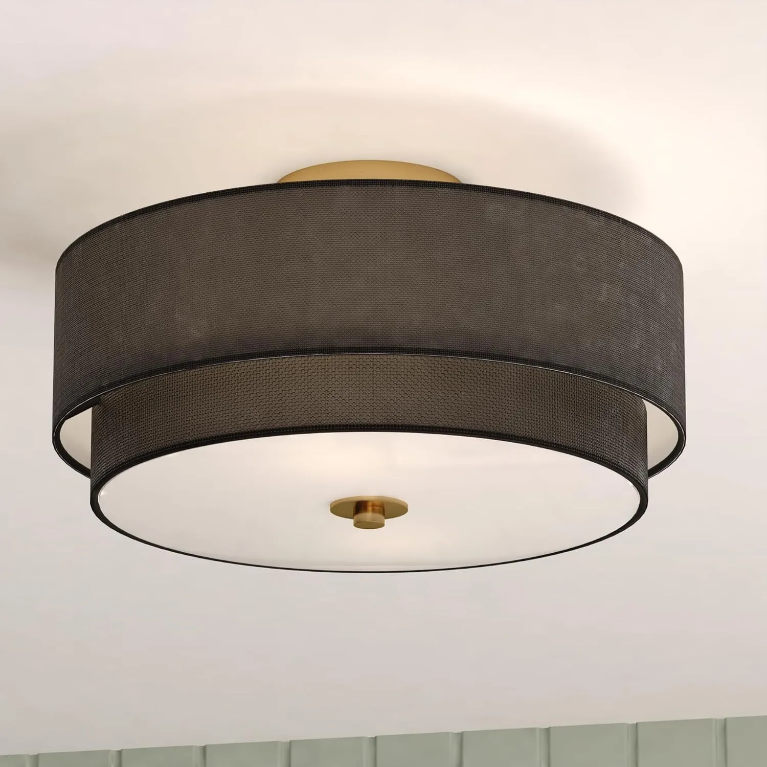 VAXCEL Burnaby 20.5-in W Gold Brass Mid-Century Modern Semi Flush Mount Ceiling Light Black Linen Drum Shade