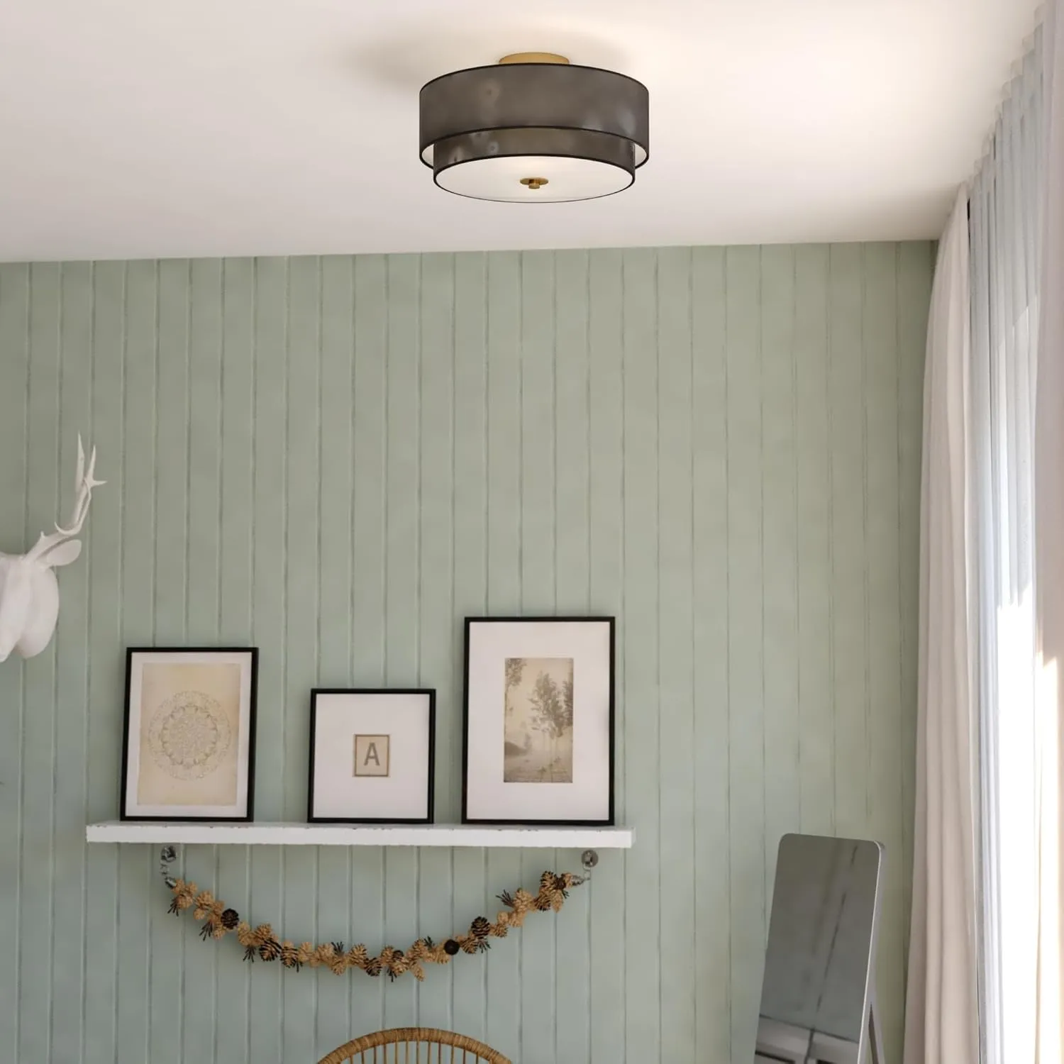 VAXCEL Burnaby 20.5-in W Gold Brass Mid-Century Modern Semi Flush Mount Ceiling Light Black Linen Drum Shade