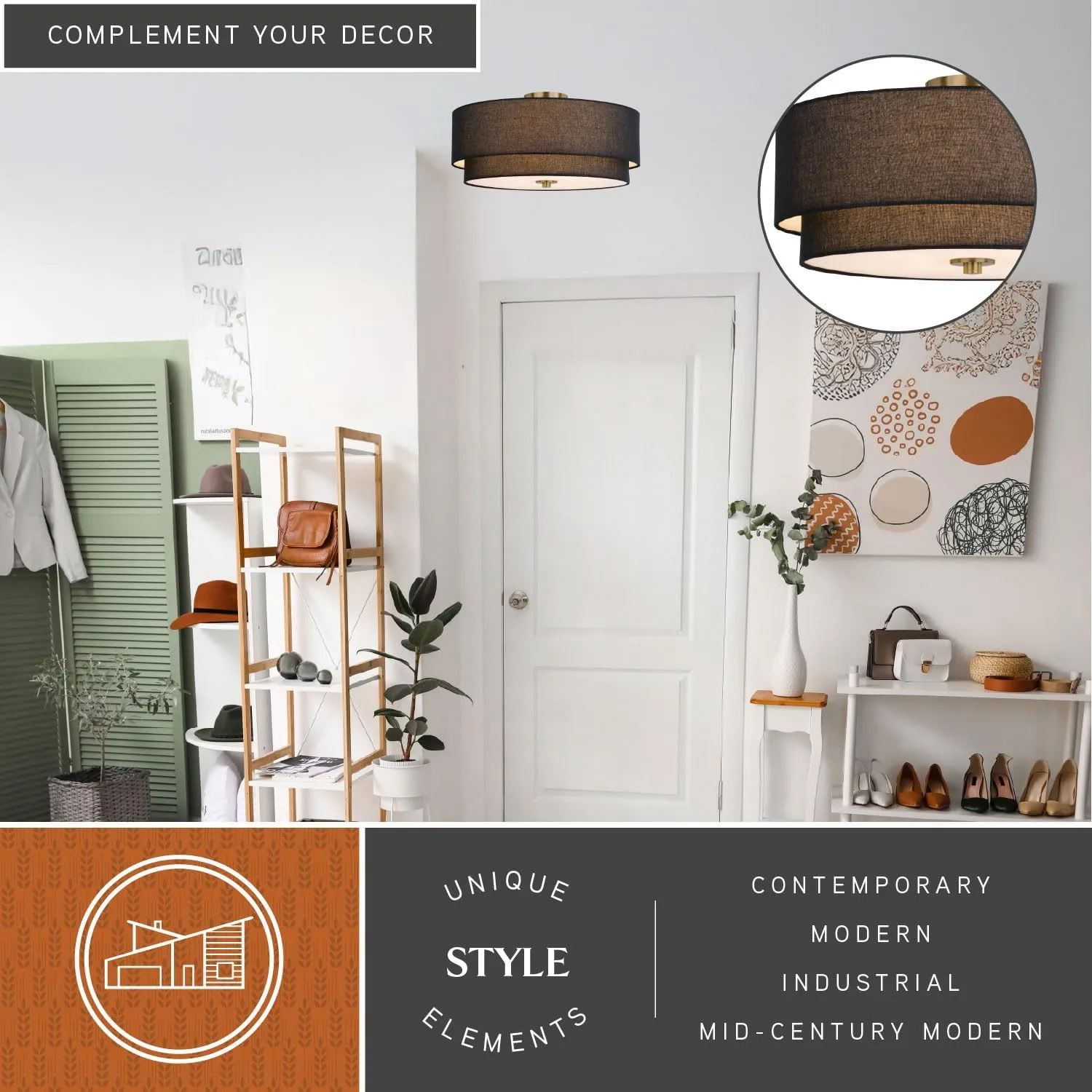VAXCEL Burnaby 20.5-in W Gold Brass Mid-Century Modern Semi Flush Mount Ceiling Light Black Linen Drum Shade