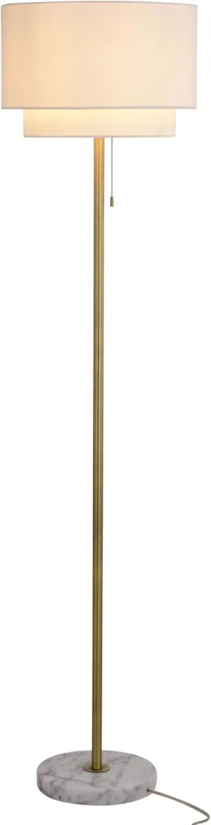 VAXCEL Burnaby Gold Brass Mid-Century Modern Floor Lamp White Linen Shade Pull Chain Switch