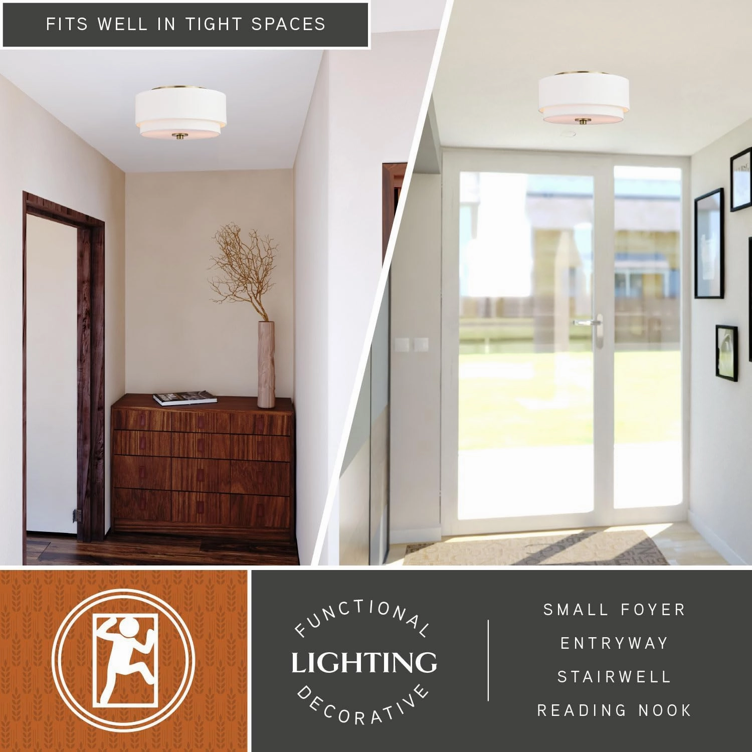 VAXCEL Burnaby 13-in W Matte Brass Mid-Century Modern Flush Mount Ceiling Light Fixture White Fabric Drum Shade