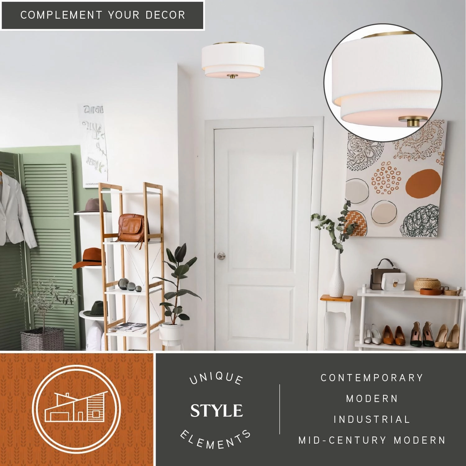 VAXCEL Burnaby 13-in W Matte Brass Mid-Century Modern Flush Mount Ceiling Light Fixture White Fabric Drum Shade