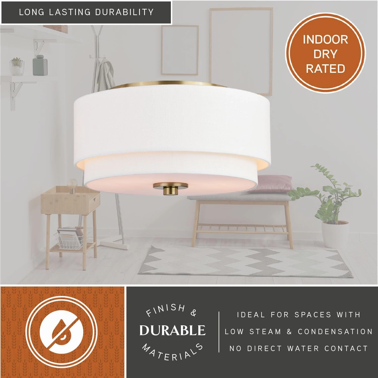 VAXCEL Burnaby 13-in W Matte Brass Mid-Century Modern Flush Mount Ceiling Light Fixture White Fabric Drum Shade