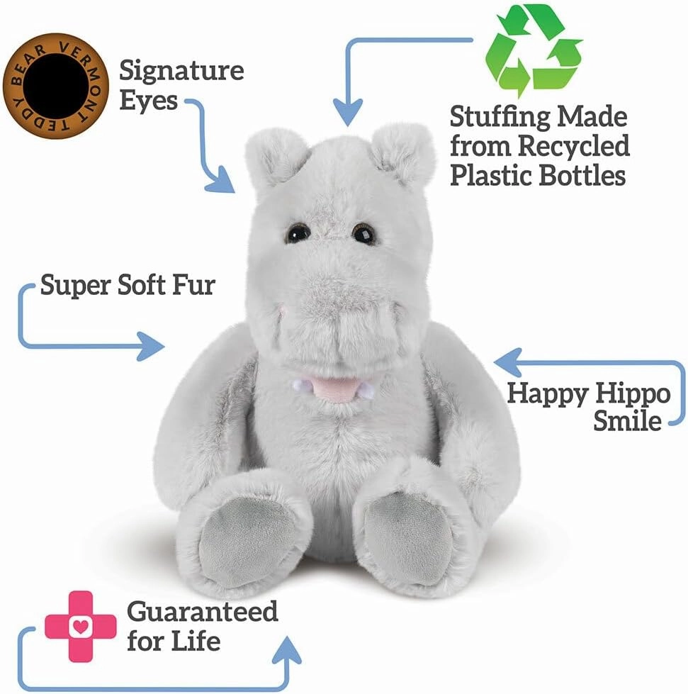 Vermont Teddy Bear Hippo Stuffed Animals - Hippo Plush, Gray, 15"