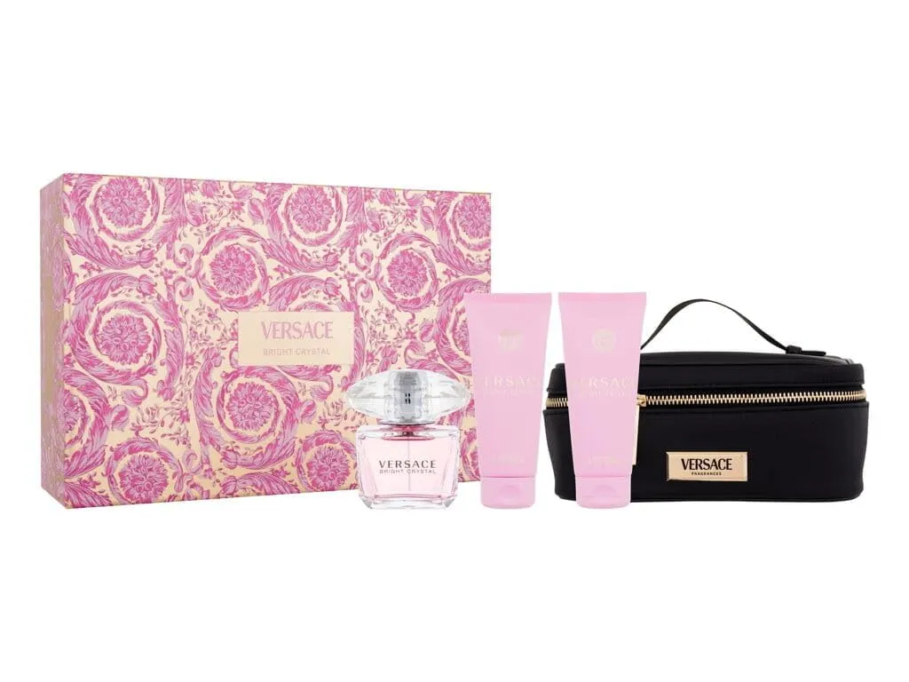 Versace Bright Crystal 4-Piece Set for Women, (3.0 Oz Eau De Toilette Spray   3.4 Oz Body Lotion   3.4 Oz Shower Gel   Bag)