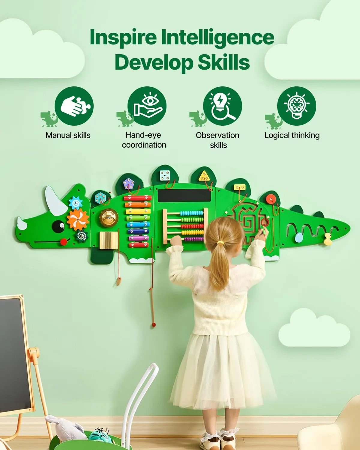 VEVOR Dinosaur Activity Busy Board Wall, 11 Wall Activities Board, Montessori Sensory Wall Panel for Kids 3-12 Years, Sensory Wall Activity Board, Ideal for Toddler Playroom Nursery Classroom