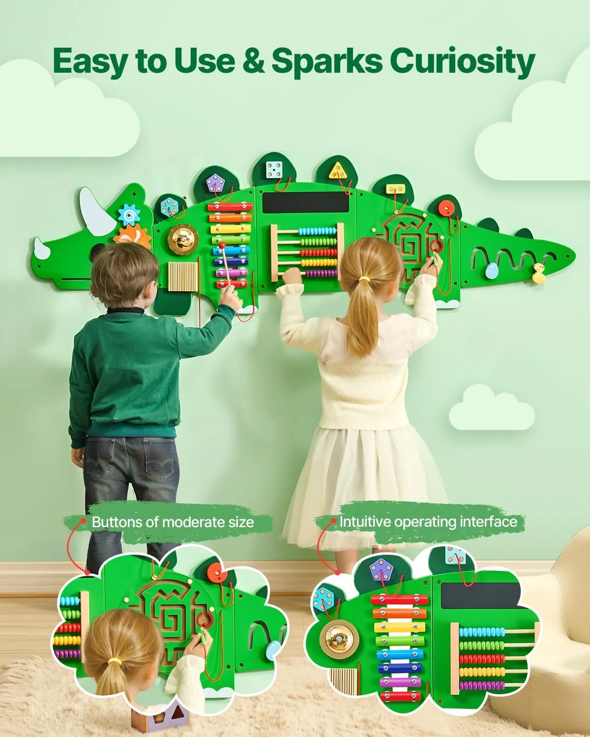 VEVOR Dinosaur Activity Busy Board Wall, 11 Wall Activities Board, Montessori Sensory Wall Panel for Kids 3-12 Years, Sensory Wall Activity Board, Ideal for Toddler Playroom Nursery Classroom
