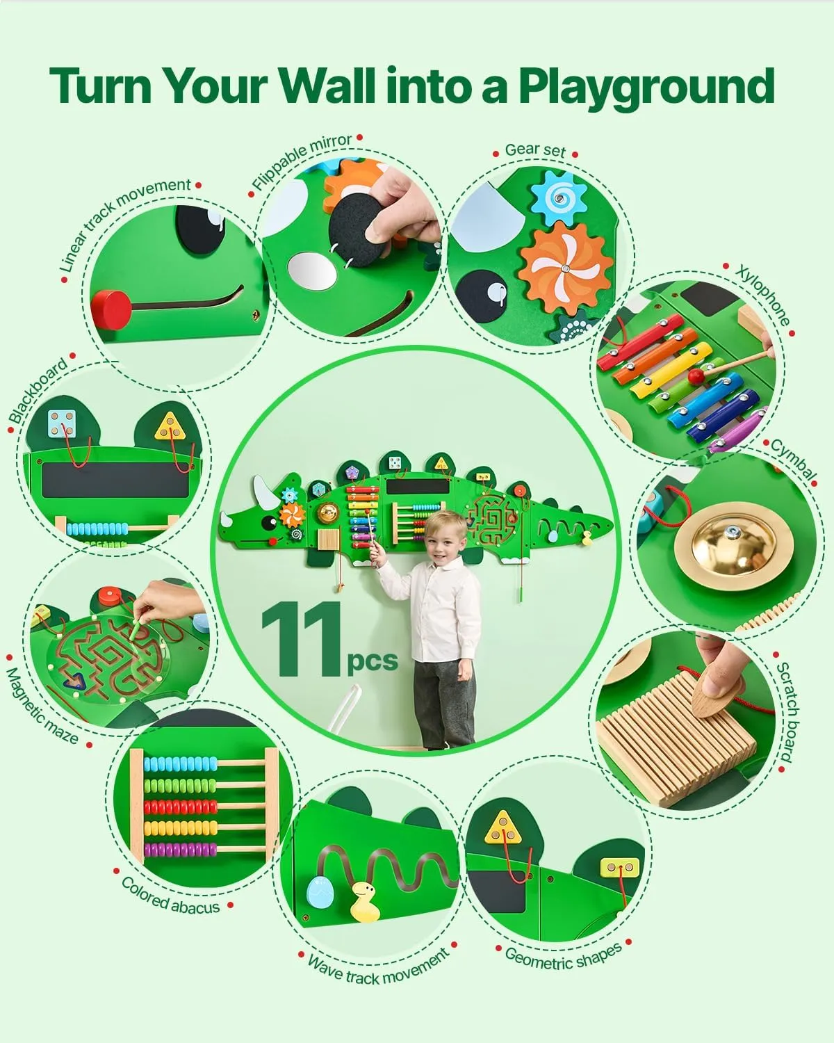 VEVOR Dinosaur Activity Busy Board Wall, 11 Wall Activities Board, Montessori Sensory Wall Panel for Kids 3-12 Years, Sensory Wall Activity Board, Ideal for Toddler Playroom Nursery Classroom