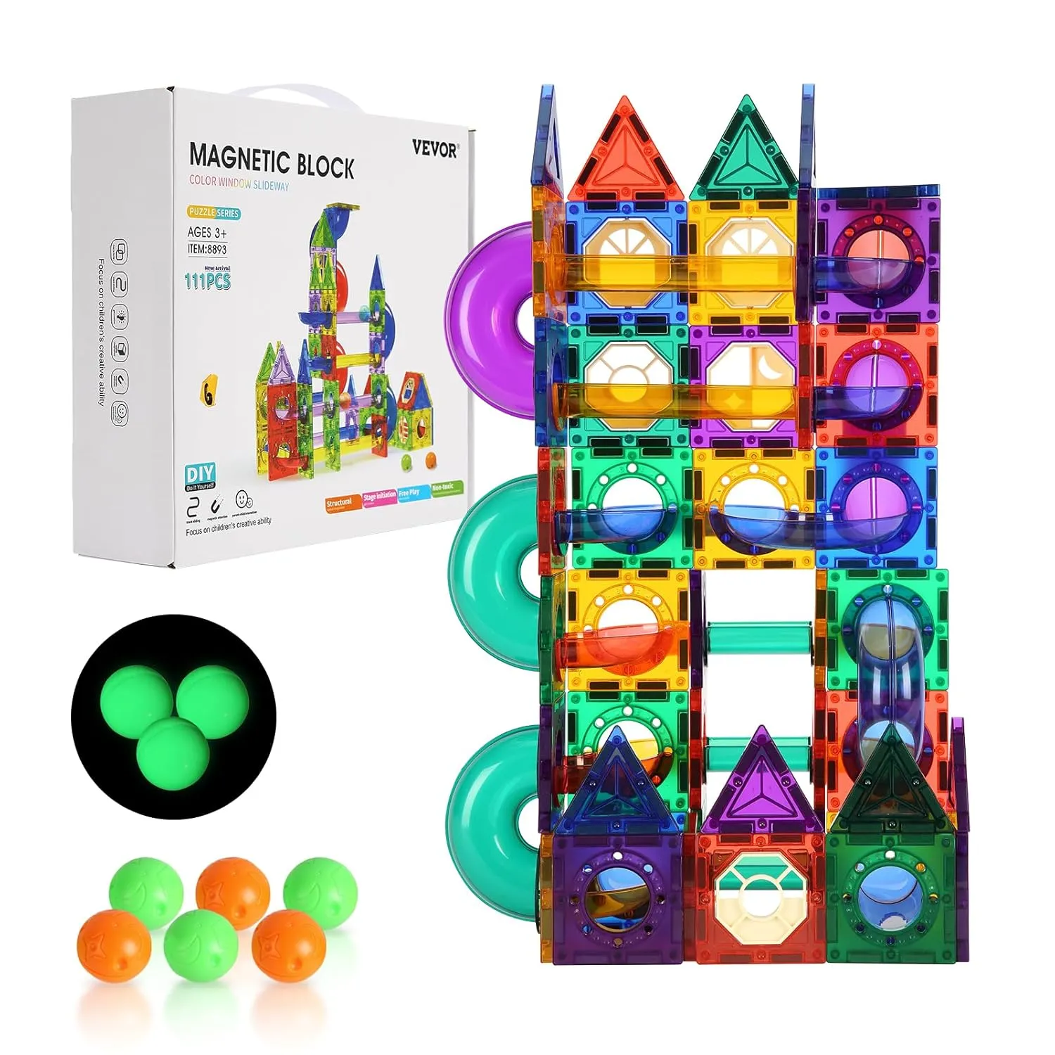 VEVOR Magnetic Tiles Marble Run, 111 Piece, Magnetic STEM Construction Race Track Tile Game Kit, Children Brain Development Learning Educational Toys, for Toddlers Kids Boys Girls Ages 3  Years Old