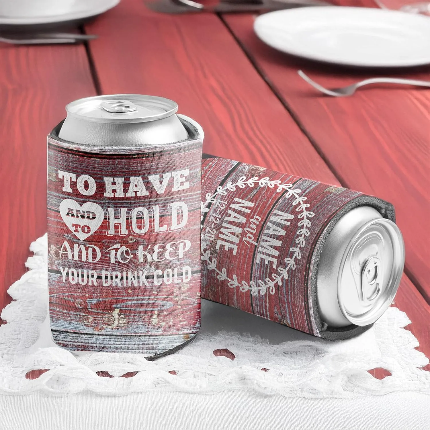 VictoryStore Can and Beverage Coolers: Customizable Red Barn wood “To Have And To Hold” Rustic, Vintage Wedding Can Coolers Design 3 (100)